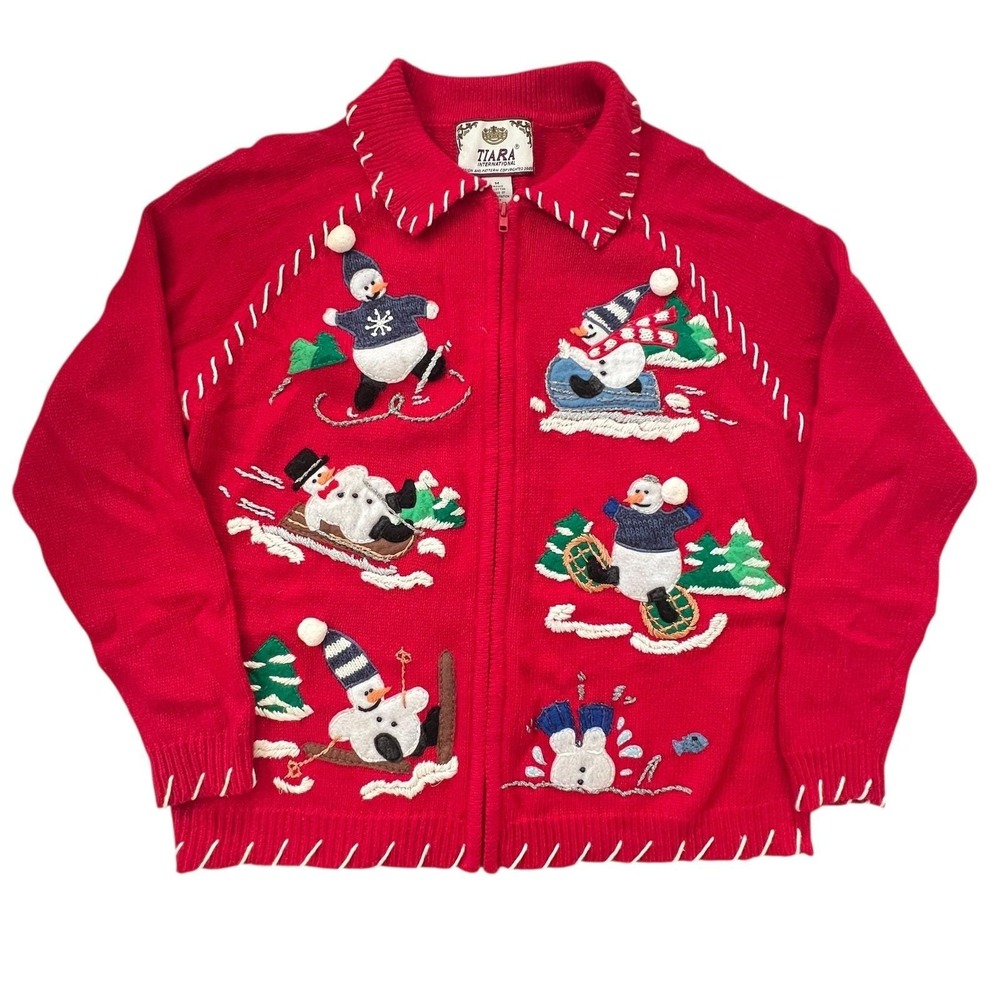 Tiara Vtg 3D Snowman Snowboarding Skiing Ugly‎ Christmas Sweater Red Women M